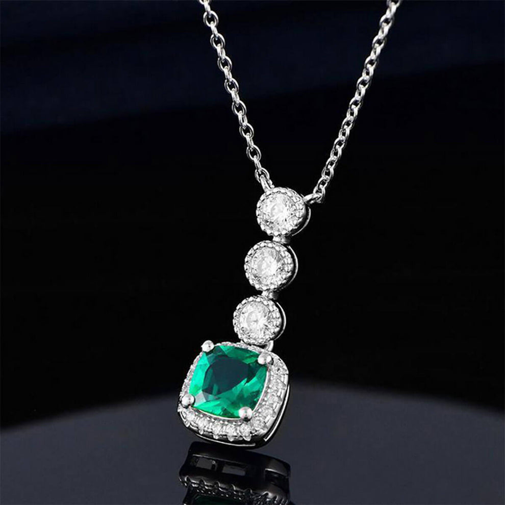 Women's Sterling Silver Triple Stones Cushion Shape Halo Emerald Pendant