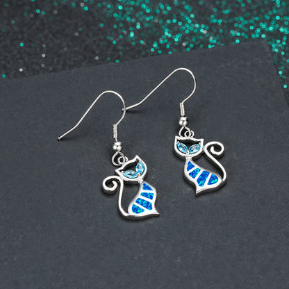 Women's Hollow Cute Cat Blue Eyes Blue Opal / White Opal Earrings, White Gold Plated