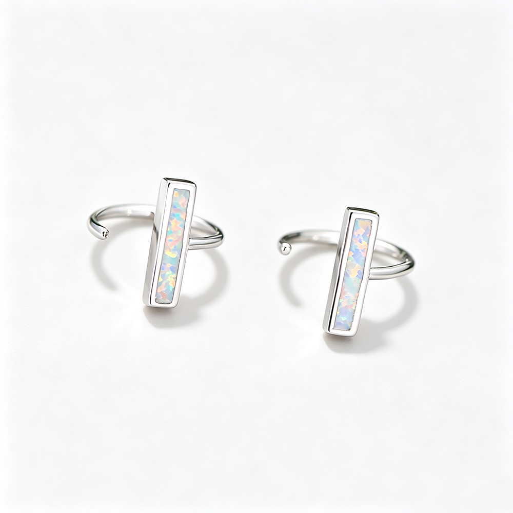 Women's Minimalist Bar‑Shape Opal Cuff Earrings, White Gold Plating