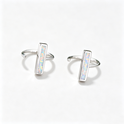 Women's Minimalist Bar‑Shape Opal Cuff Earrings, White Gold Plating