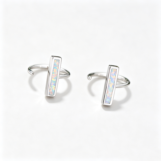Women's Minimalist Bar‑Shape Opal Cuff Earrings, White Gold Plating