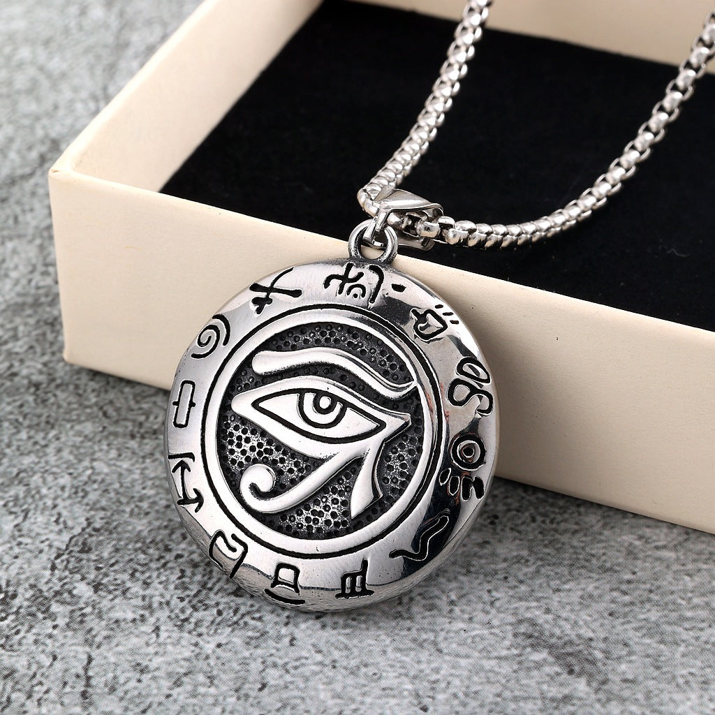 Vintage Stainless Steel Men's Egyptian Eye of Horus Round Pendant Necklace