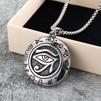 Vintage Stainless Steel Men's Egyptian Eye of Horus Round Pendant Necklace