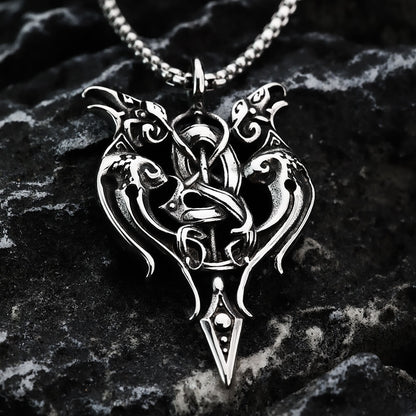 Vintage Antique Oxidized Stainless Steel Men's Norse Viking Twin Raven Celtic Knot Hollow Pendant Necklace