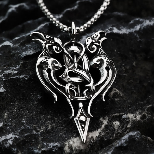 Vintage Antique Oxidized Stainless Steel Men's Norse Viking Twin Raven Celtic Knot Hollow Pendant Necklace