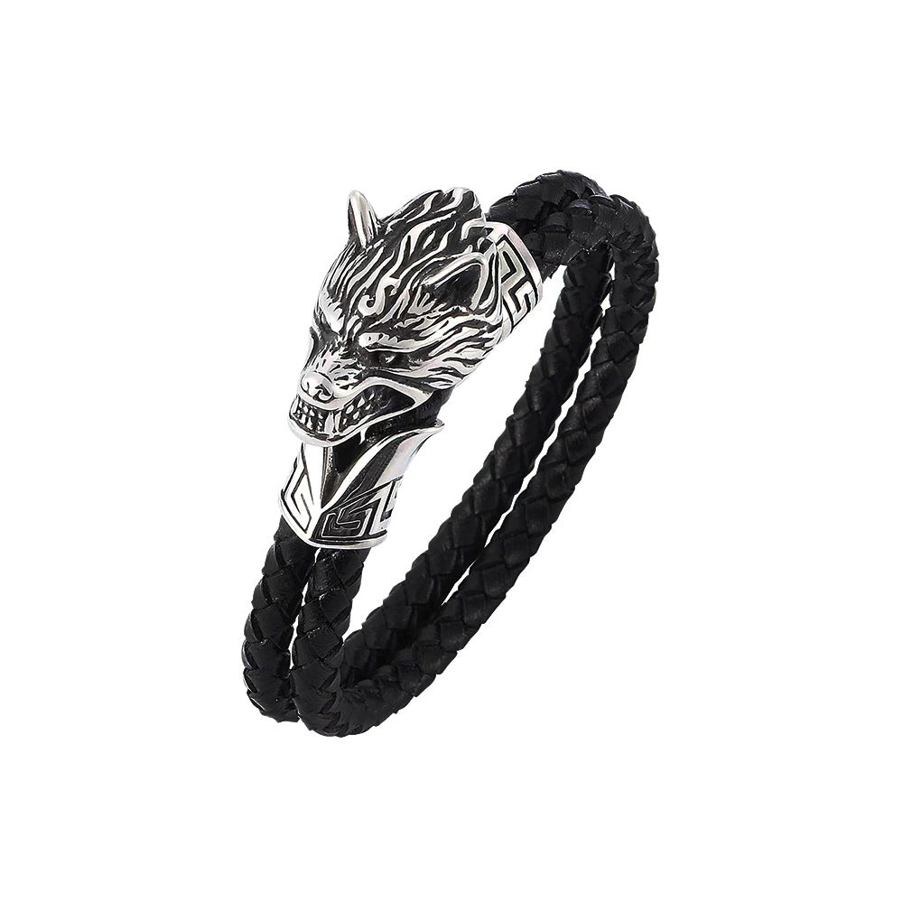 Minimalist Stainless Steel Wolf Head Charm Men Bracelet, Fashion Braided Leather Wrist Jewelry
