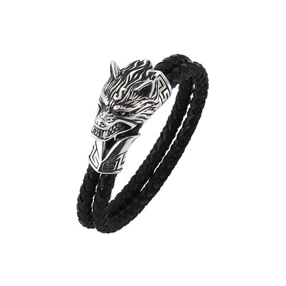 Minimalist Stainless Steel Wolf Head Charm Men Bracelet, Fashion Braided Leather Wrist Jewelry