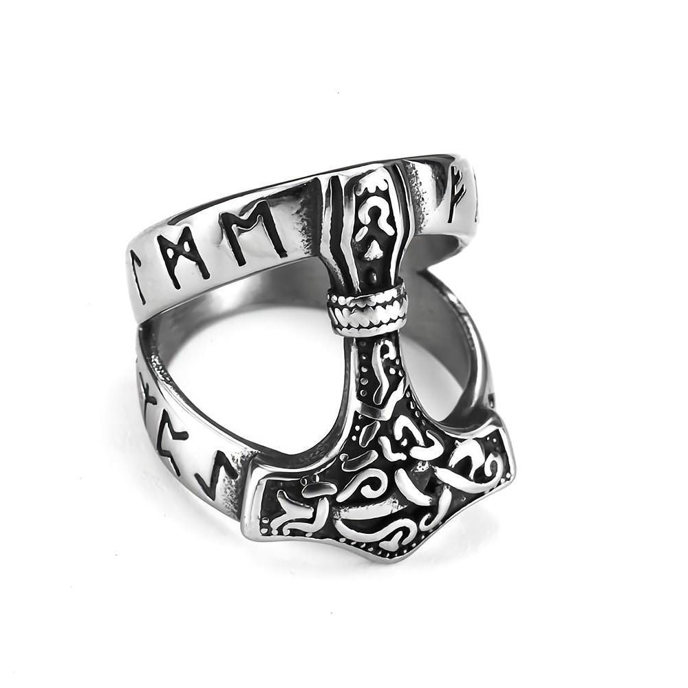 Vintage Nordic Stainless Steel Viking Rune Hammer Ring for Men