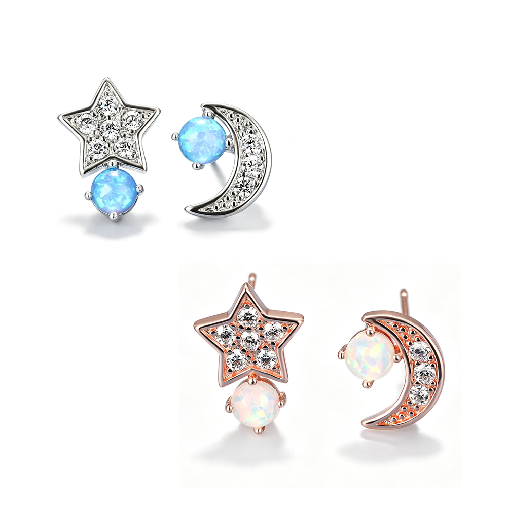 Women's Asymmetric Star Moon Zirconia Blue & White Opal Stud Earrings, White Gold / Rose Gold Plating