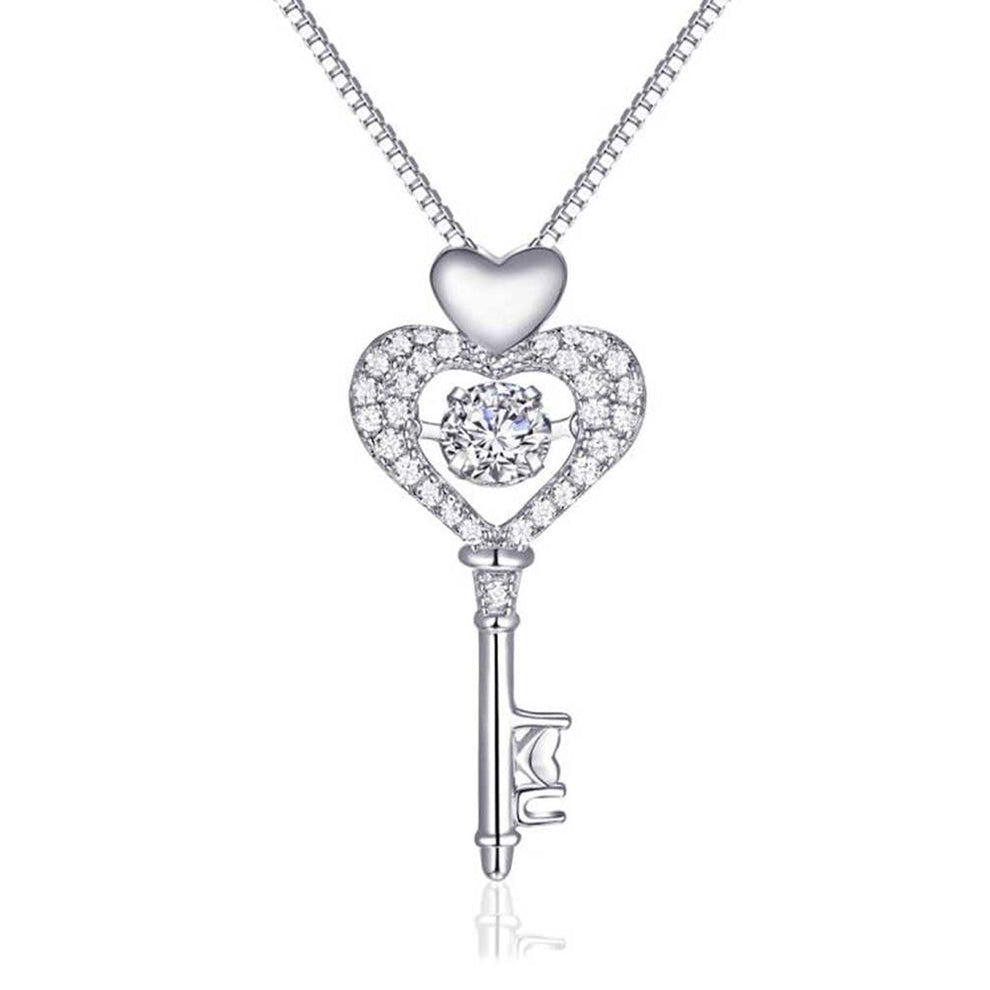 Women's White Gold Heart Key Shape Full Stones Beating Heart Pendant