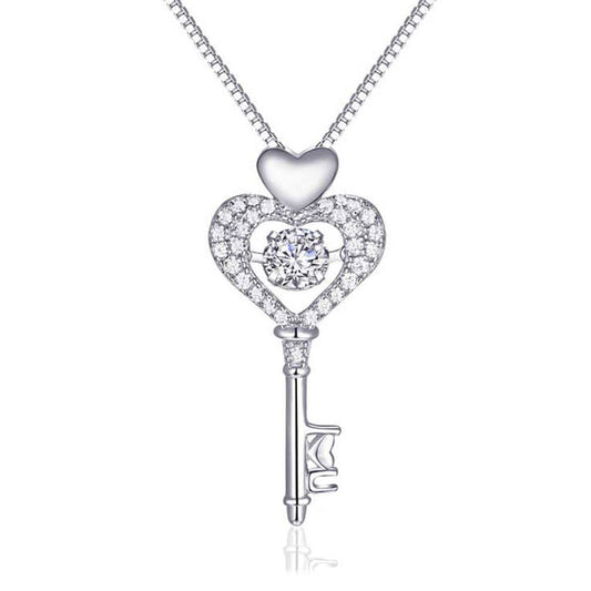 Women's White Gold Heart Key Shape Full Stones Beating Heart Pendant