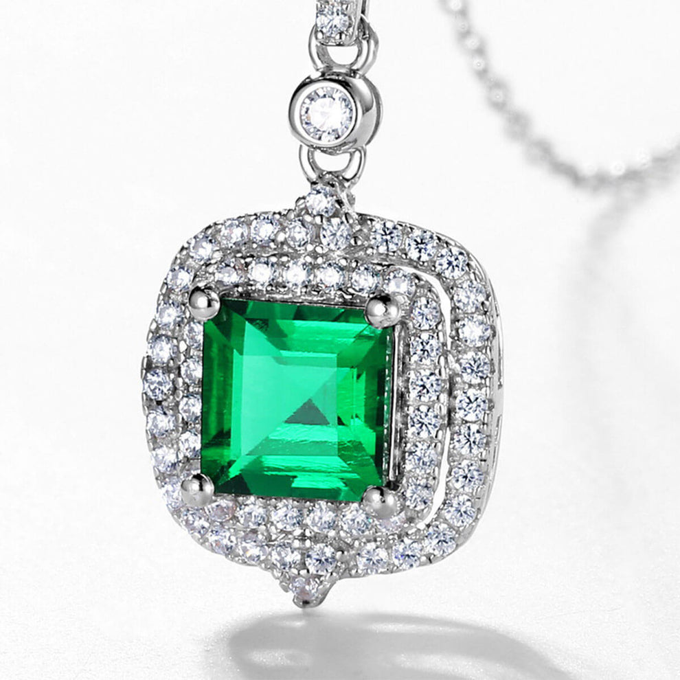 Women's Sterling Silver White Gold Cushion Shape Double Halo Emerald Pendant