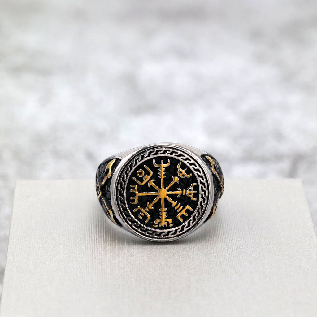 Vintage Nordic Solid Stainless Steel Engraved Axe Viking Compass Ring for Men