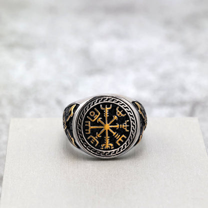 Vintage Nordic Solid Stainless Steel Engraved Axe Viking Compass Ring for Men