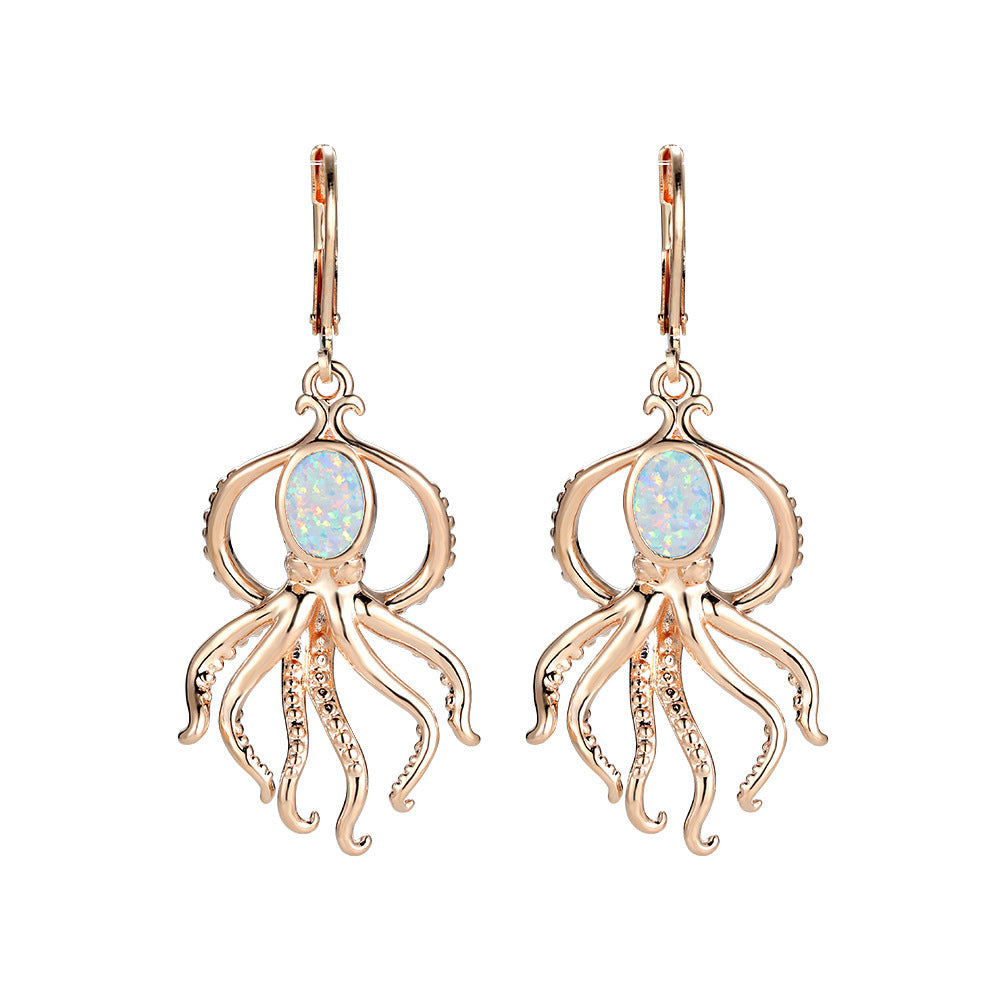 Women's Octopus‑Shape Oval Opal & Zirconia Leverback Dangle Earrings, with Champagne Gold Plating / White Gold Plating