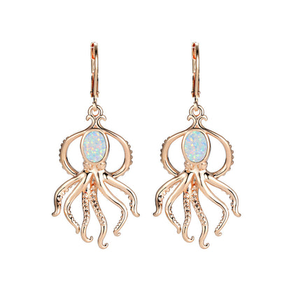 Women's Octopus‑Shape Oval Opal & Zirconia Leverback Dangle Earrings, with Champagne Gold Plating / White Gold Plating