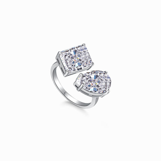 Women's Adjustable Double Main Stone Ring, Radiant Ice‑Flower Cut Rectangular Drop Zirconia, S925 with White Gold Plating