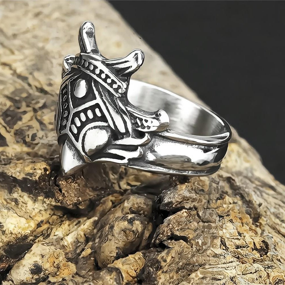 Vintage Solid Stainless Steel Nordic 3D Raven Mask Men's Ring With Viking Rune Wide Band