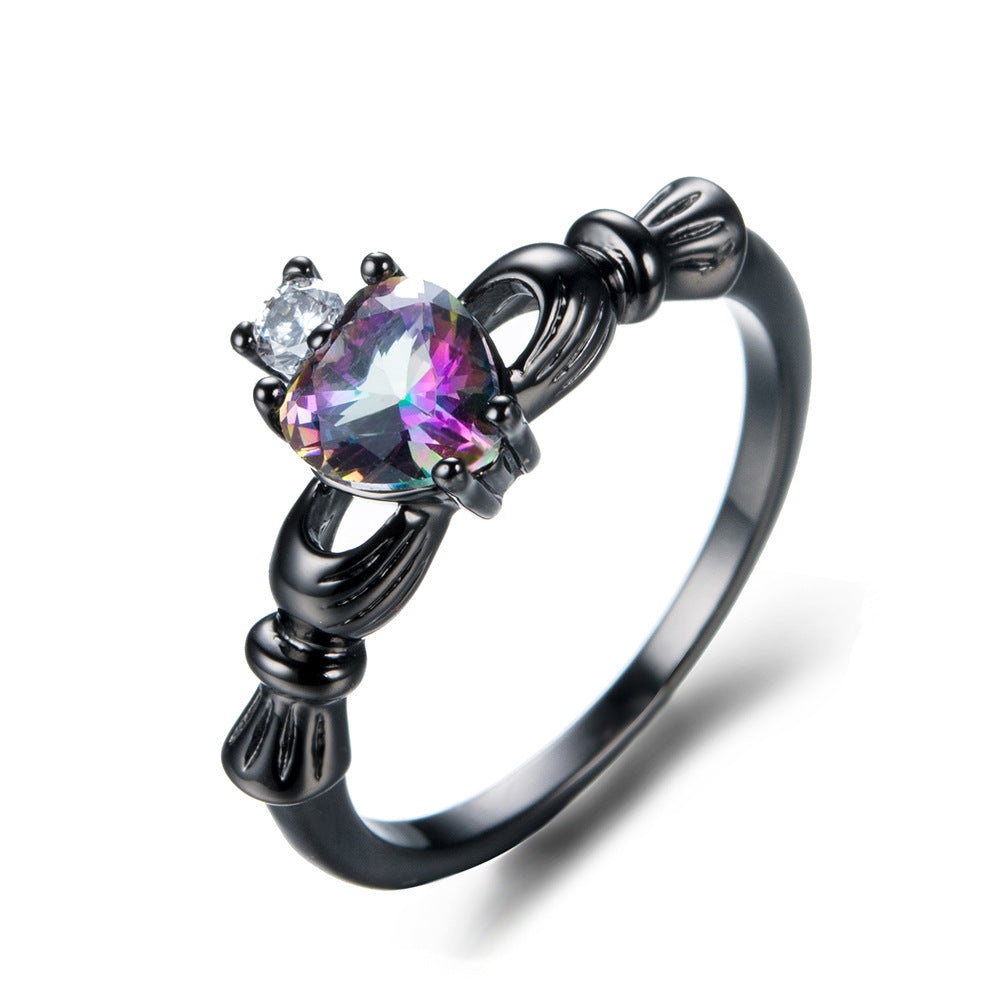 Women's Black Plated Heart Shape Multi Opal With Zirconia ring