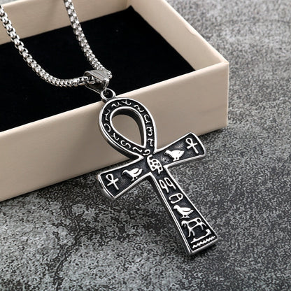 Men's Steel Egyptian Ankh Hieroglyph Pendant Necklace
