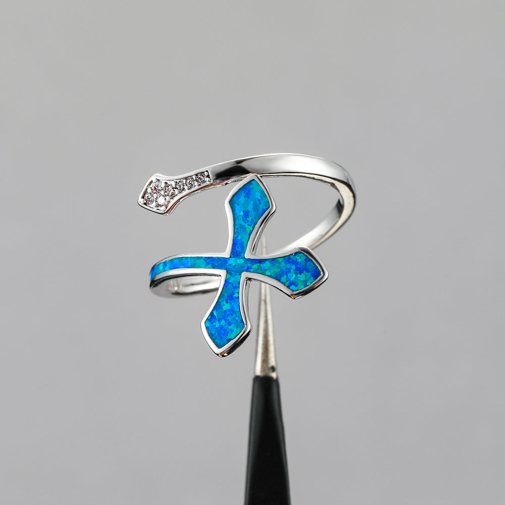 Women's Cross Opal with Zirconia Adjustable Ring