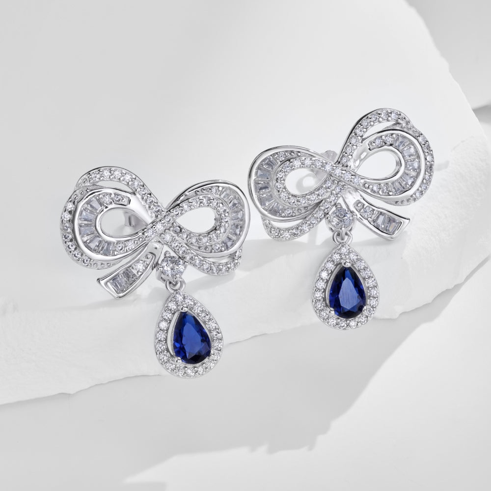 Women's Bow Drop Earrings, Blue Teardrop Stone with White Zirconia Halo, S925 with White Gold Plating