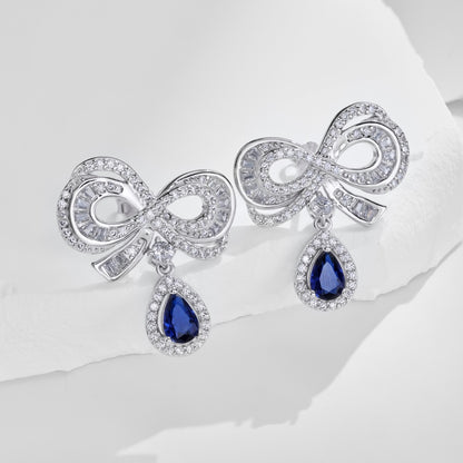 Women's Bow Drop Earrings, Blue Teardrop Stone with White Zirconia Halo, S925 with White Gold Plating