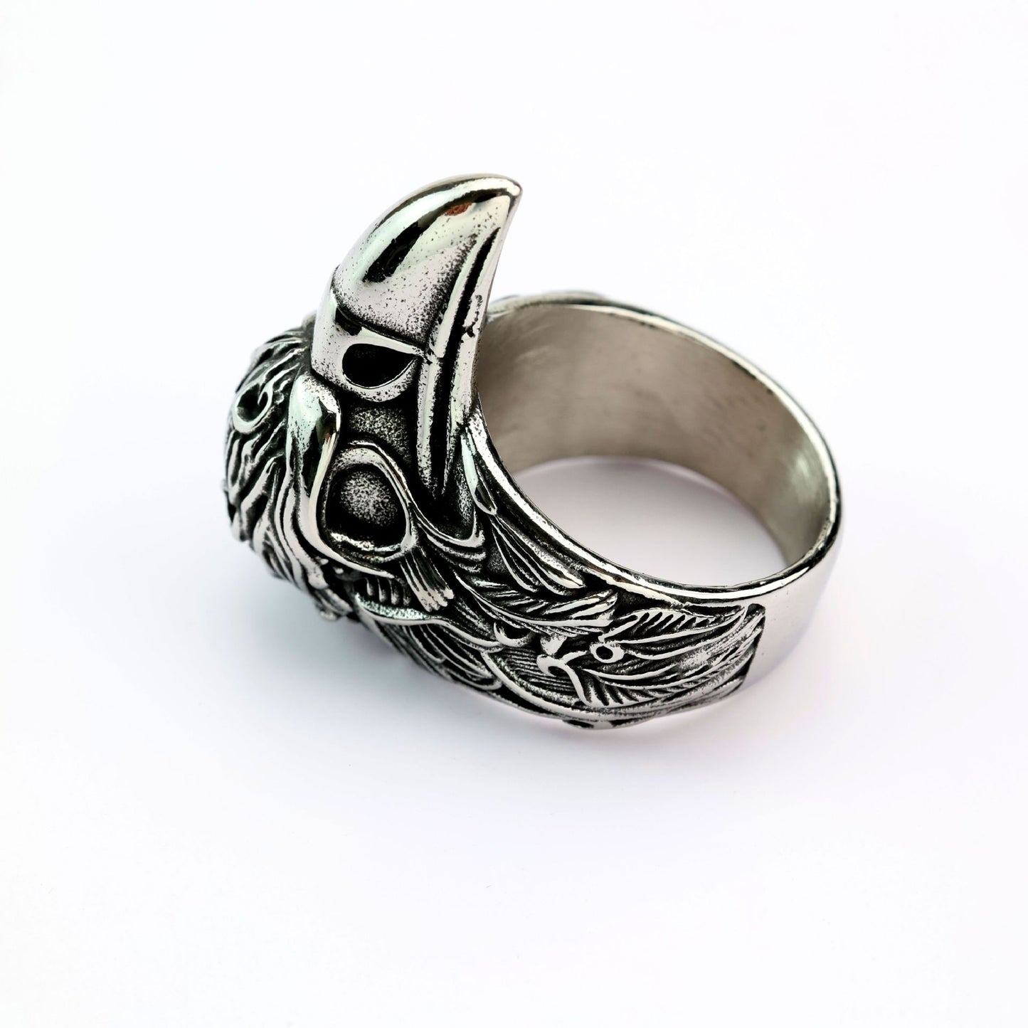 Vintage Solid Stainless Steel 3D Raven Skull Head Band Ring for Men
