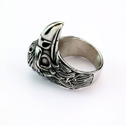 Vintage Solid Stainless Steel 3D Raven Skull Head Band Ring for Men