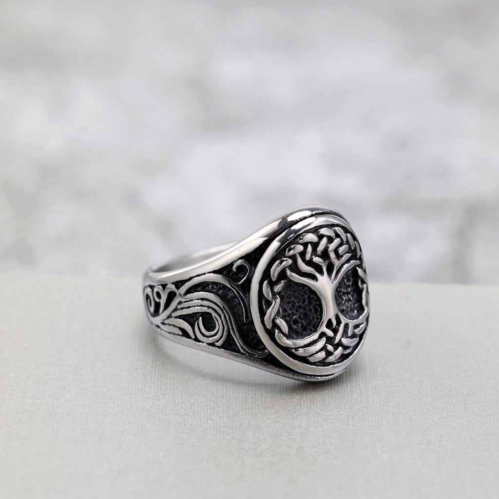 Vintage Solid Stainless Steel 3D Carved Viking Tree of Life Round Ring for Men
