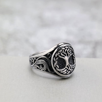 Vintage Solid Stainless Steel 3D Carved Viking Tree of Life Round Ring for Men