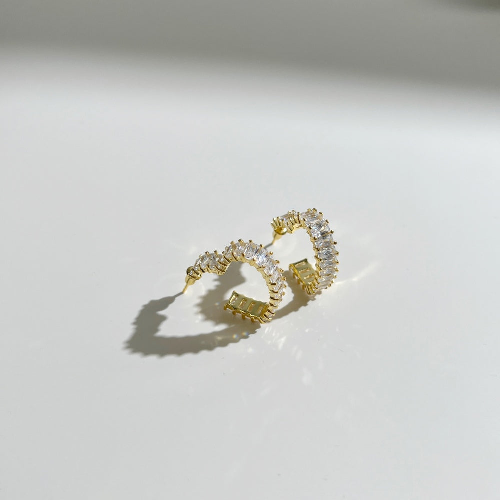 Women's Heart Hollow Huggie Earrings, Full Paved Rectangular Zirconia Inlaid, Premium Style, S925 with 18K Gold Plating