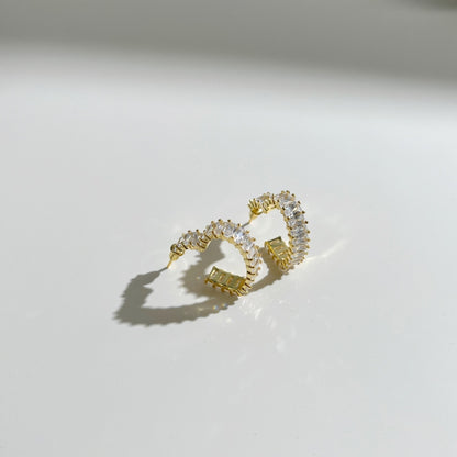 Women's Heart Hollow Huggie Earrings, Full Paved Rectangular Zirconia Inlaid, Premium Style, S925 with 18K Gold Plating