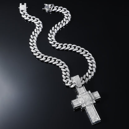 Hip-Hop 3D Zircon-Encrusted Cross Cuban Chain Pendant Necklace