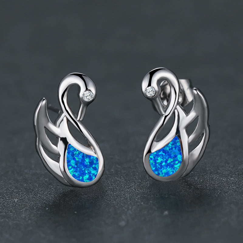 Women's Swan‑Shape Teardrop Opal With Zirconia Accent Stud Earrings, with White Gold Plating