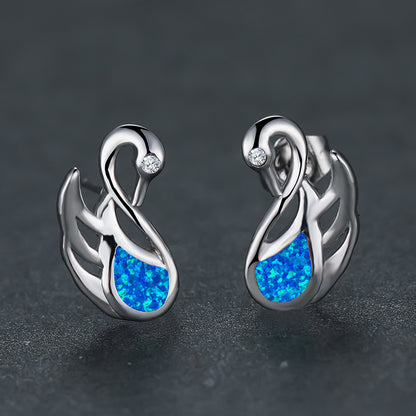 Women's Swan‑Shape Teardrop Opal With Zirconia Accent Stud Earrings, with White Gold Plating