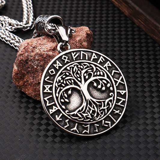 Men's Steel Viking Rune Tree of Life Vintage Round Pendant Necklace