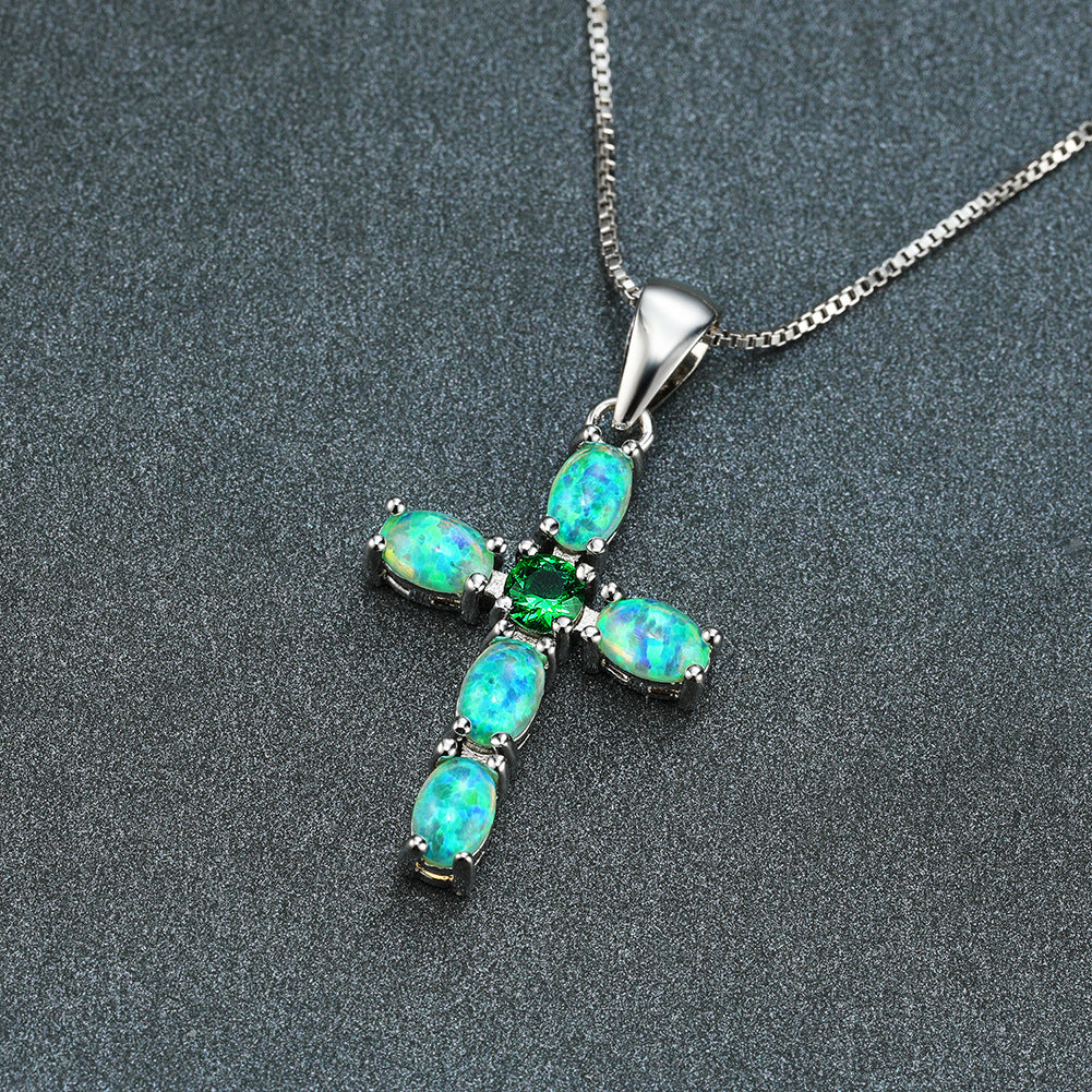 Cross-shaped Opal  gemstone necklace