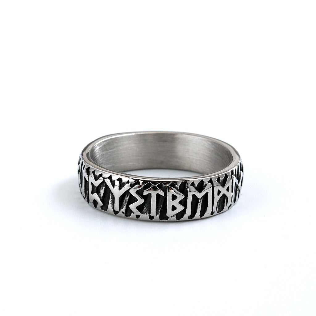 Vintage Solid Stainless Steel Norse Viking Full Rune Engraved Narrow Band Circle Ring for Men