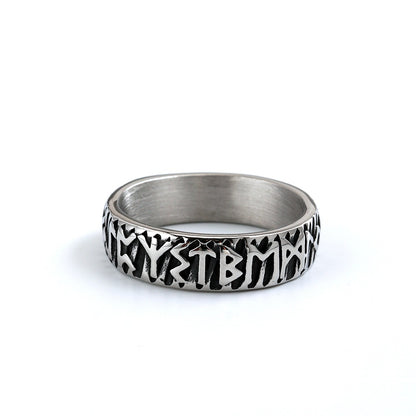 Vintage Solid Stainless Steel Norse Viking Full Rune Engraved Narrow Band Circle Ring for Men