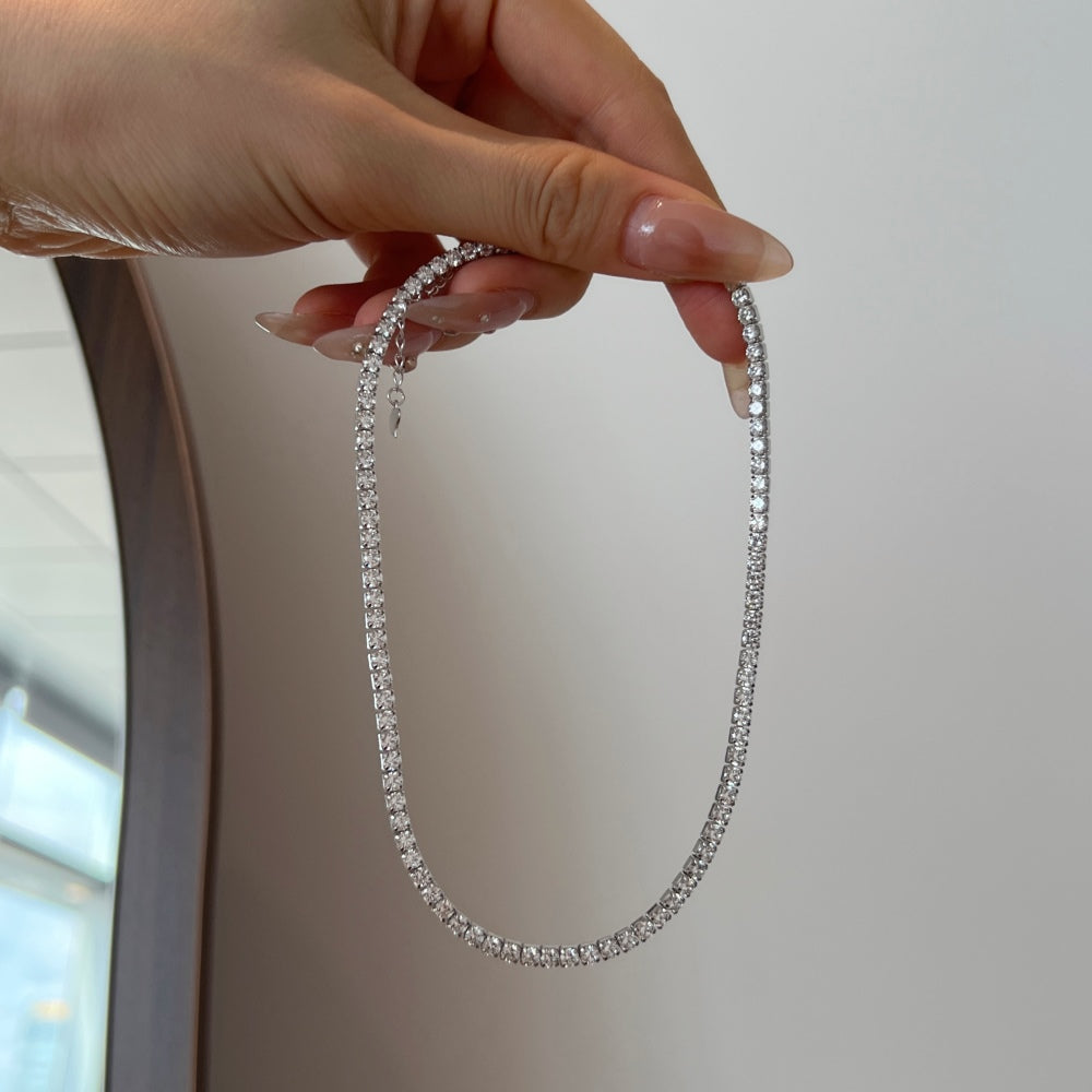 Women's Single Row Tennis Necklace, Inlaid Round Clear Zirconia, S925 with White Gold Plating