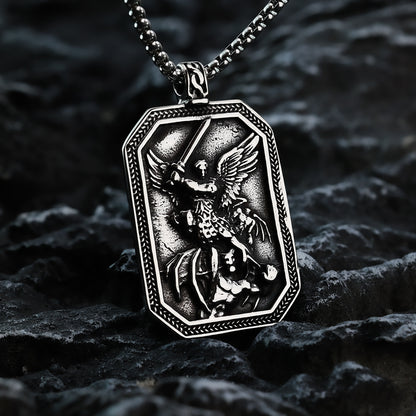 Men's Steel Archangel Michael Square Tag Pendant Necklace