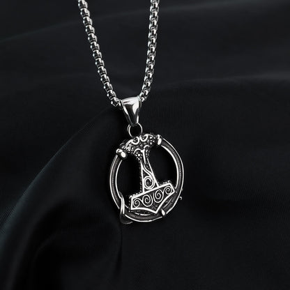 Vintage Stainless Steel Viking Thor's Hammer Round Pendant Necklace for Men