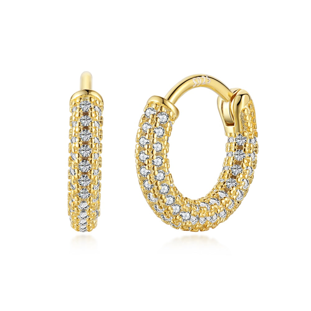 Women's High‑end Versatile Round Huggie Earrings, Full Paved Zirconia, S925 with Gold Plating