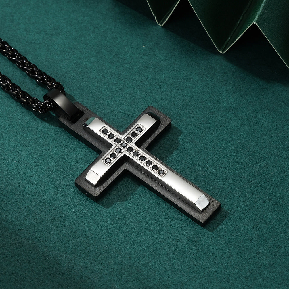 Men's Double-Layer Beveled Stone-Inlaid Cross Pendant Necklace