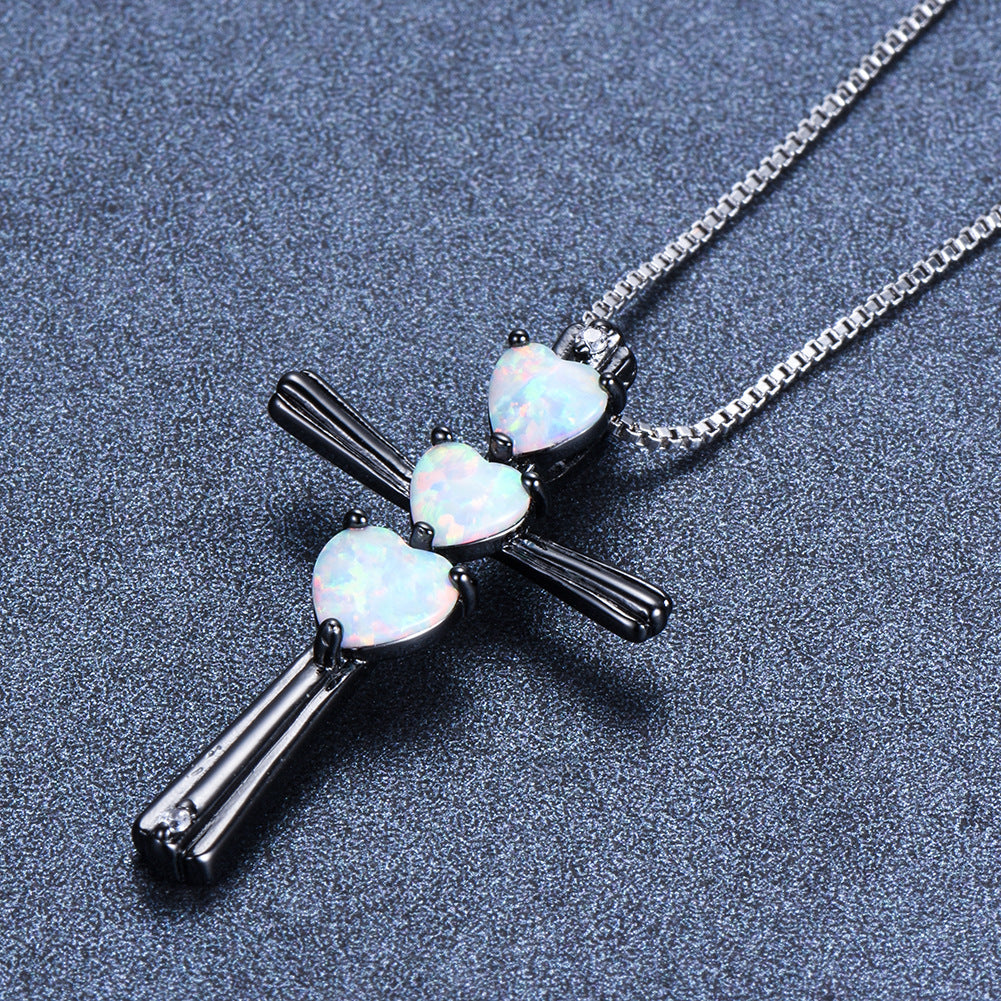 Three-love heart Opal Cross necklace