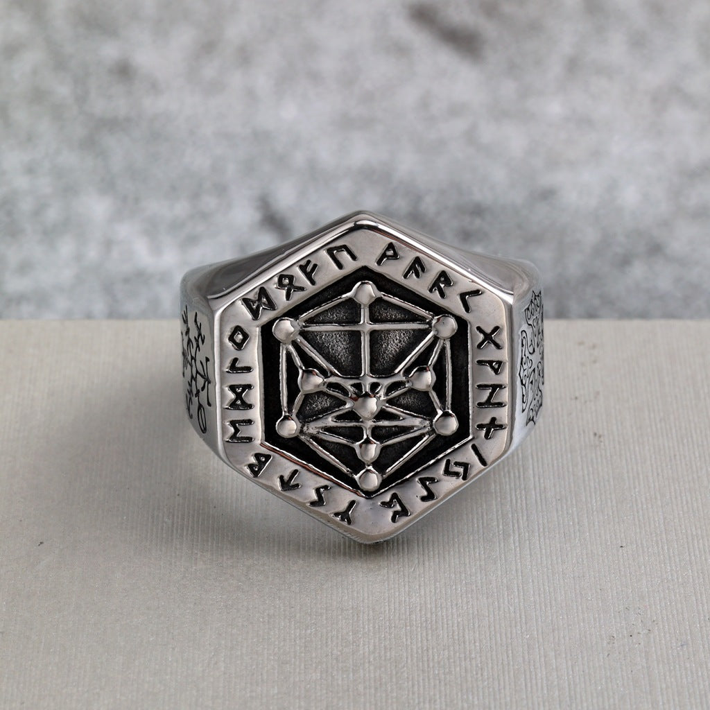 Vintage Nordic Solid Stainless Steel Viking Rune Vegvisir Compass Ring for Men