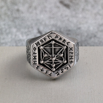 Vintage Nordic Solid Stainless Steel Viking Rune Vegvisir Compass Ring for Men