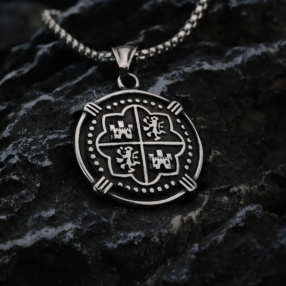 Men's Steel Vintage Spanish Coin Round Pendant Necklace
