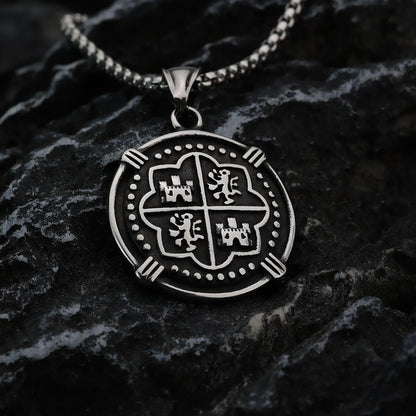 Men's Steel Vintage Spanish Coin Round Pendant Necklace